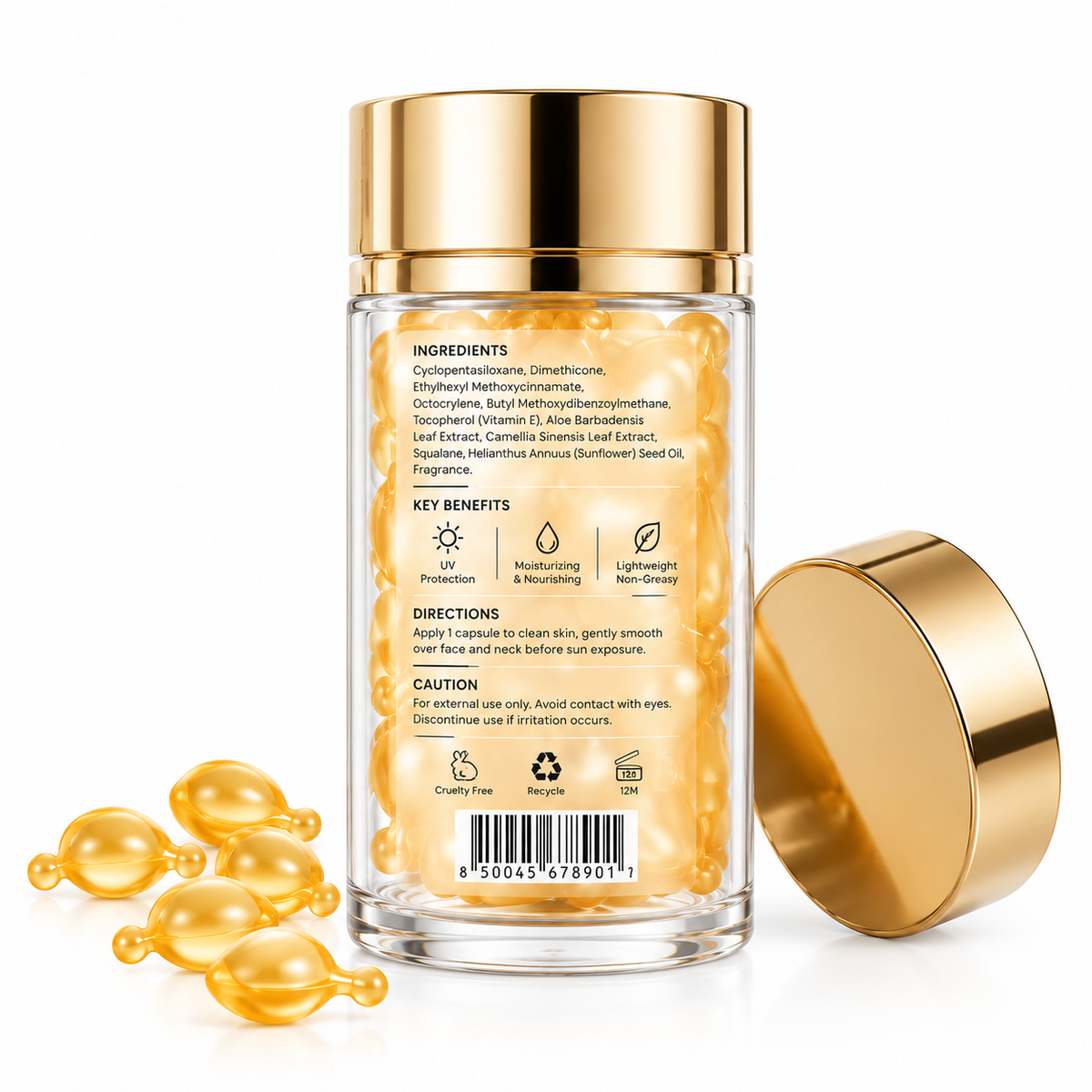Sunscreen Capsules with Squalane, Aloe Vera &amp; Vitamin E — SPF 50+ UVA/UVB Protection