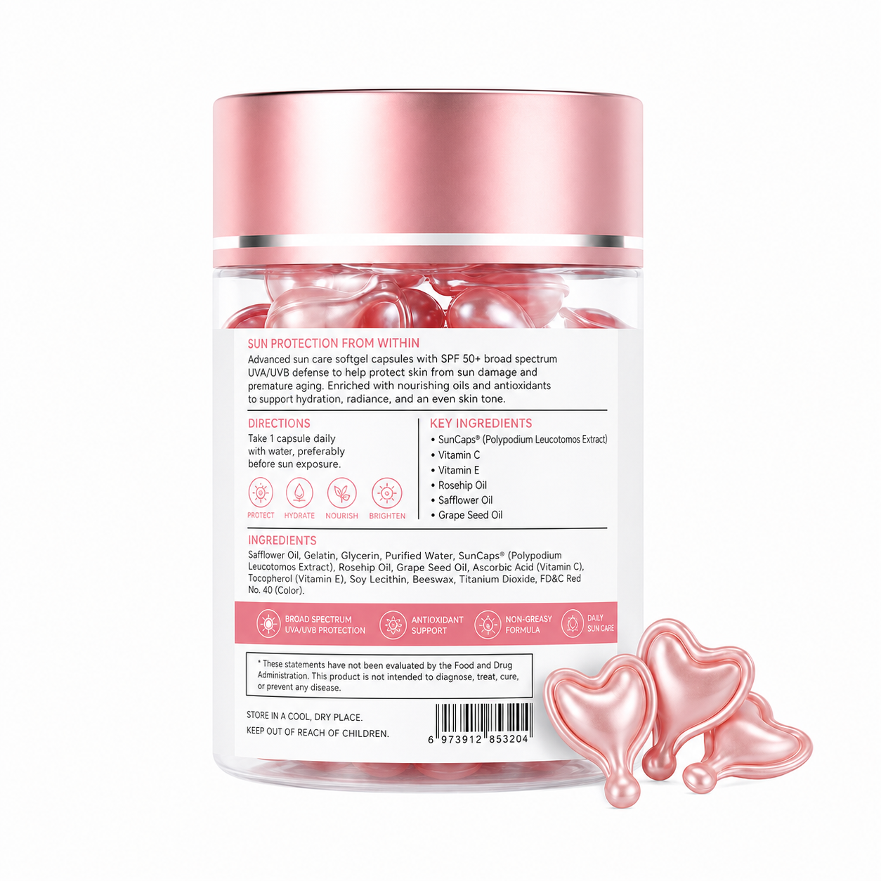 Sunscreen Softgel Capsules SPF 50 PA++++ with Polypodium Leucotomos, Vitamin C &amp; Vitamin E