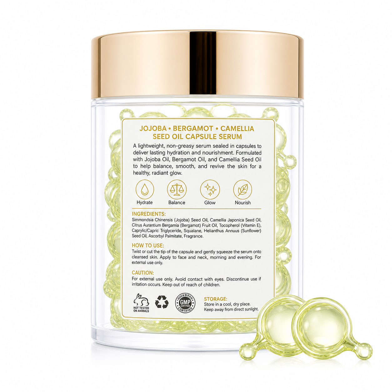 Jojoba Bergamot Camellia Seed Oil Capsule Serum for Hydration &amp; Glow