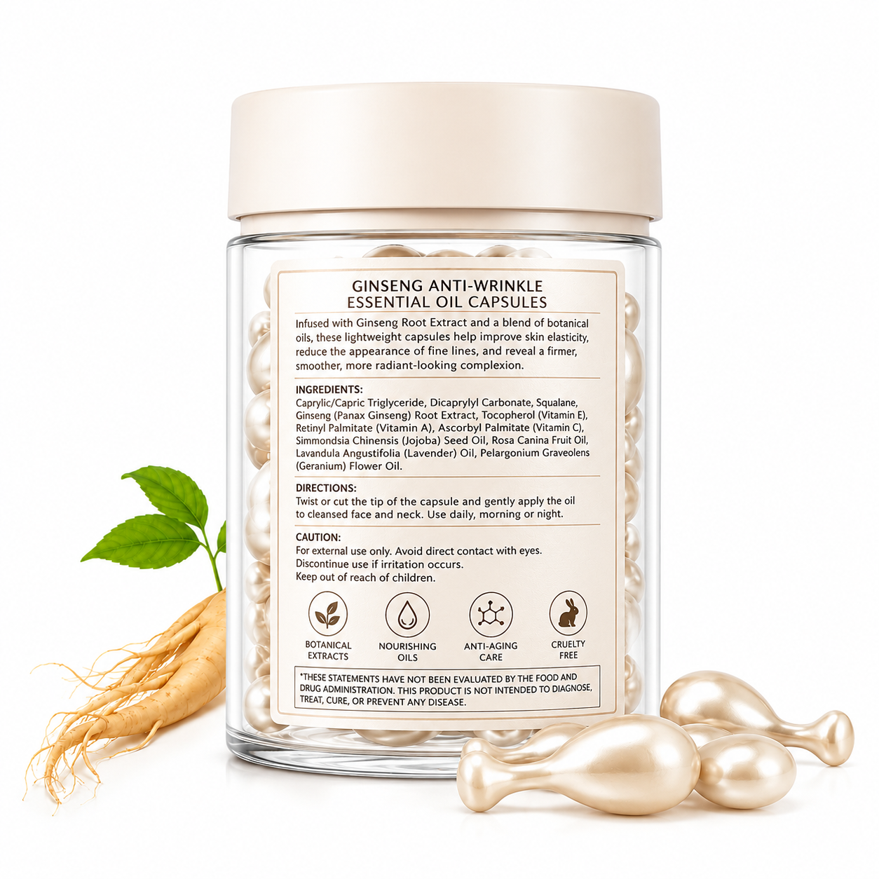 Ginseng Anti-Wrinkle Essential Oil Capsules with Vitamin A, Vitamin C &amp; Squalane