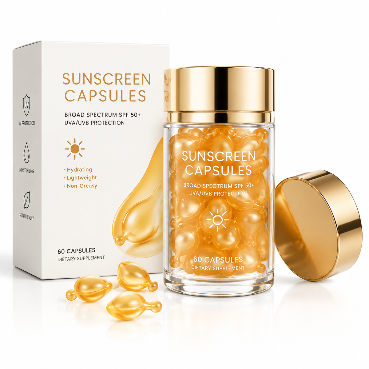 Sunscreen Capsules with Squalane, Aloe Vera &amp; Vitamin E — SPF 50+ UVA/UVB Protection