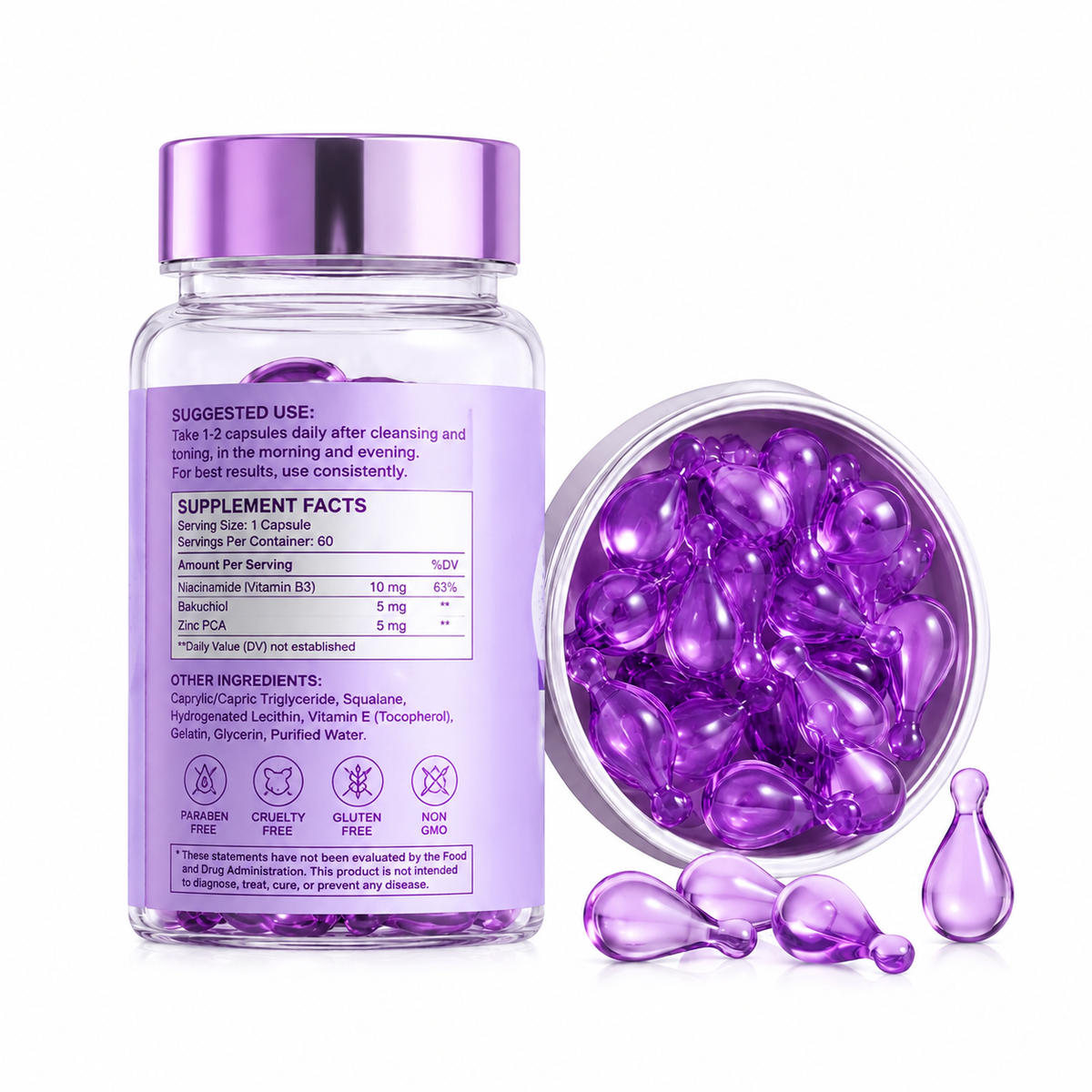 Pore Refining Softgel Capsules with Niacinamide, Bakuchiol & Zinc PCA
