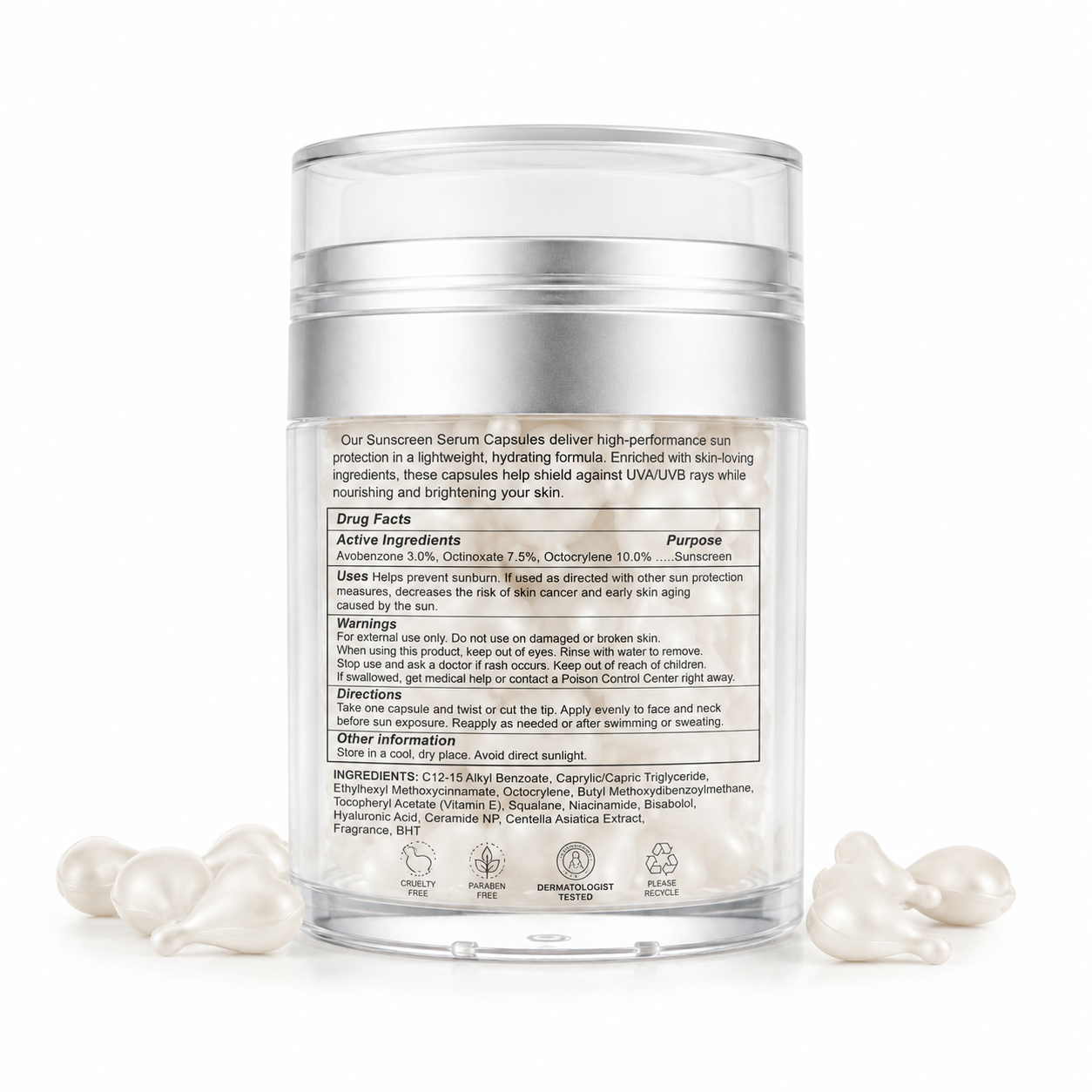 Sunscreen Serum Capsules Broad Spectrum SPF 50+ with Niacinamide &amp; Hyaluronic Acid