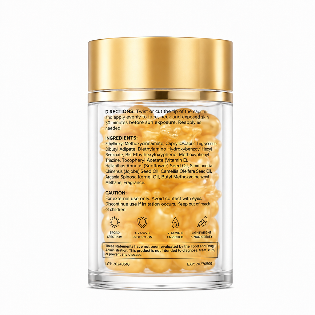 Broad Spectrum Sunscreen Oil Capsules with Vitamin E & Botanical Oils