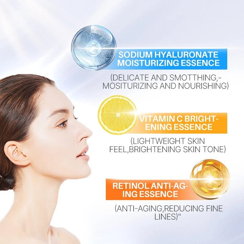 3pc Facial Serum Kit Day Night Care Vitamin C Retinol Hyaluronic Acid Moisturize